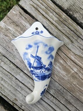 Vintage Delft Blue and White Ceramic Wall Pocket Planter